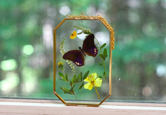 Octagon Hanging Glass Frame, DIY Herbarium Brass for Pressed Flowers | Floating Frame Double Panel Glass | Cottagecore Wall Decor Gift Craft